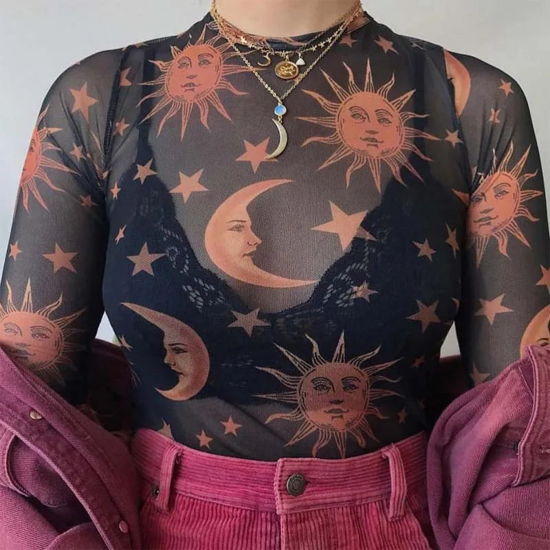 Boho Sun Moon Mesh Long Sleeve