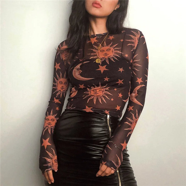 Boho Sun Moon Transparent Black Long Sleeve