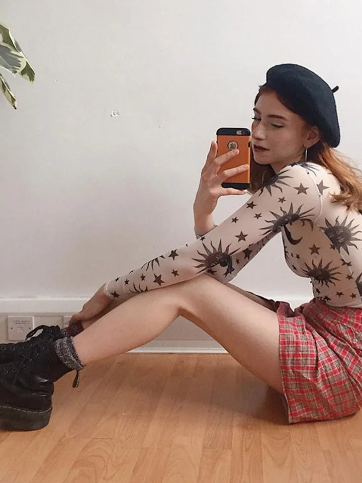 Boho Sun Moon White Mesh Long Sleeves