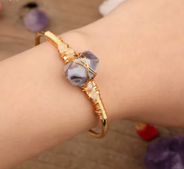 Botswana Agate Gold Wire Wrap  Bracelets 