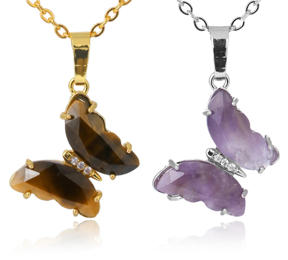 Butterfly-shaped gemstone pendants on gold and silver chains with Czia Jewels