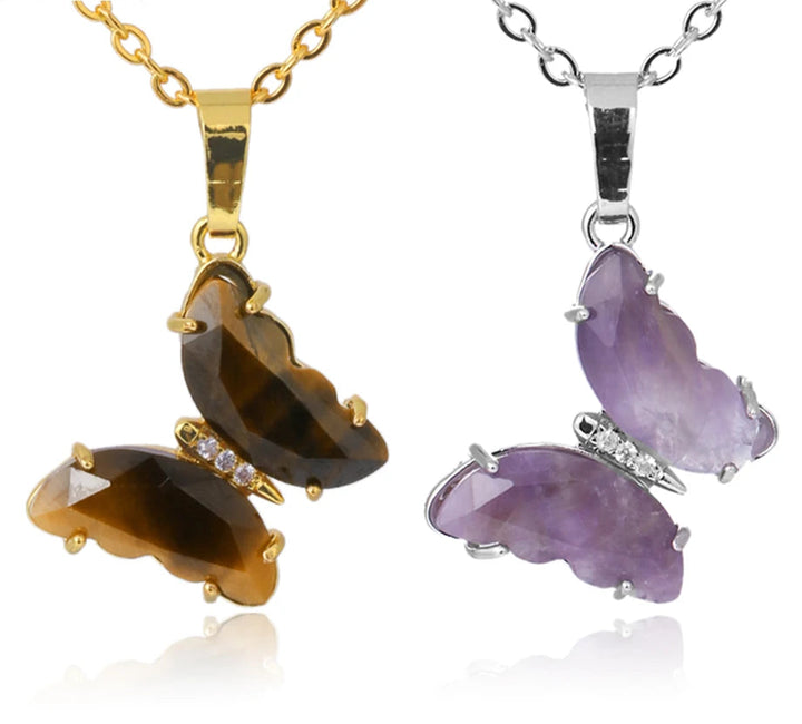 Butterfly-shaped gemstone pendants on gold and silver chains with Czia Jewels