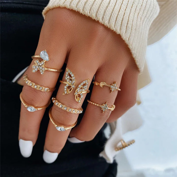 Butterfly Crystal Gold Rings