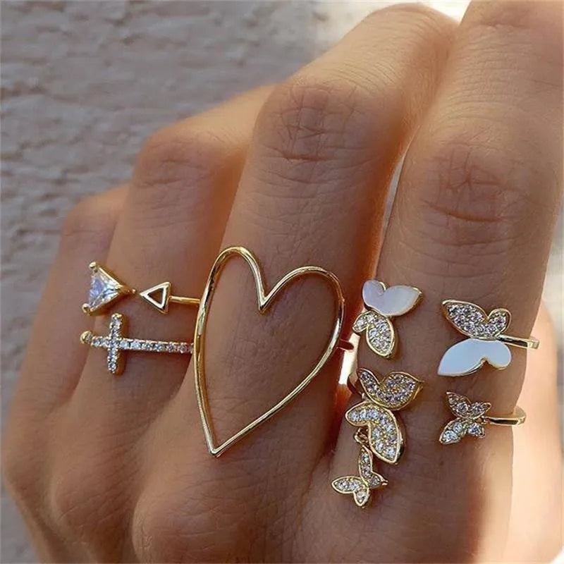 Butterfly Heart Cross Gold Ring Set