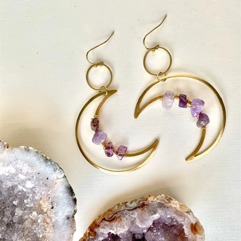 Buy Amethyst Crescent Moon Gold Earrings