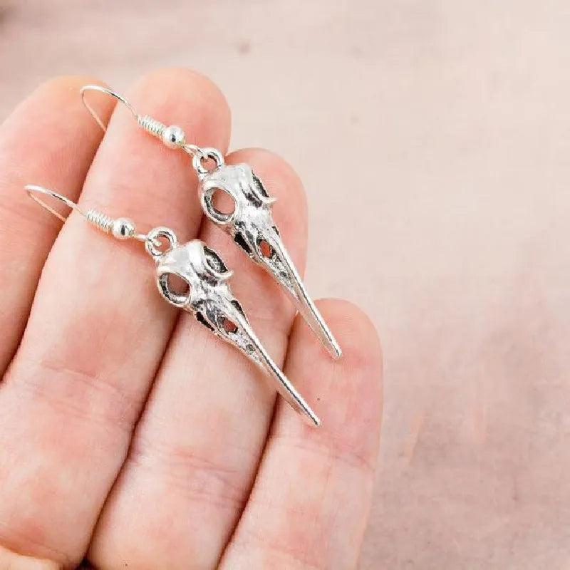 Crow Skull Silver Earrings
