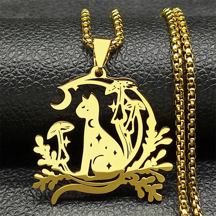 Cat Moon Mushroom Gold Necklace