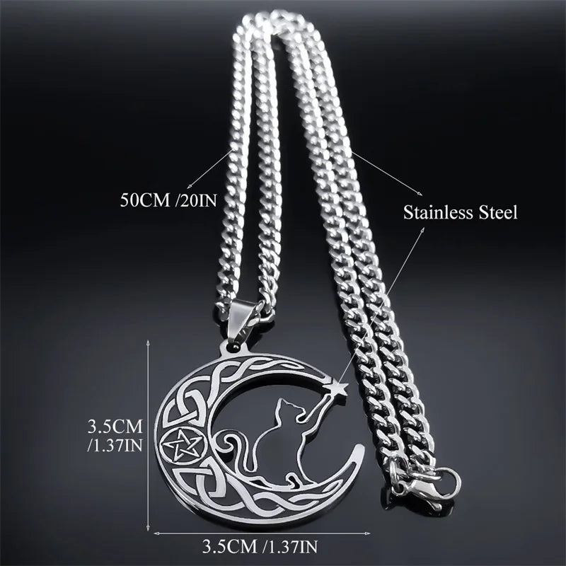 Cat Moon Stainless Steel Necklace