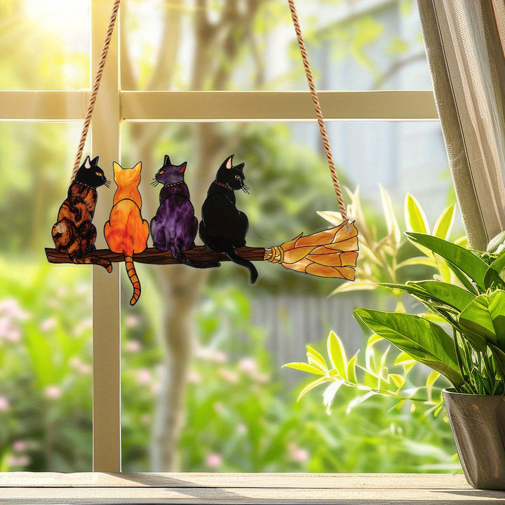 Cats Sitting On Broomstick Suncatcher