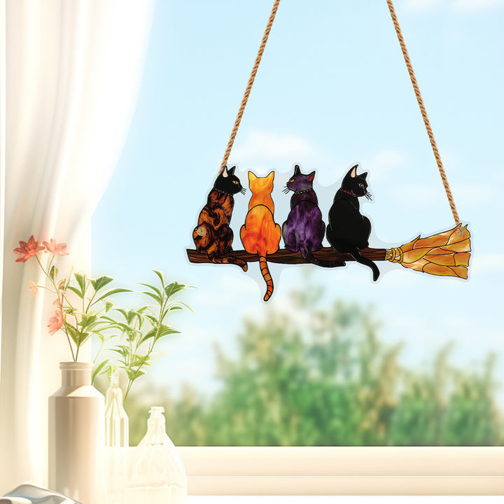 Cats on Broom Halloween Decor