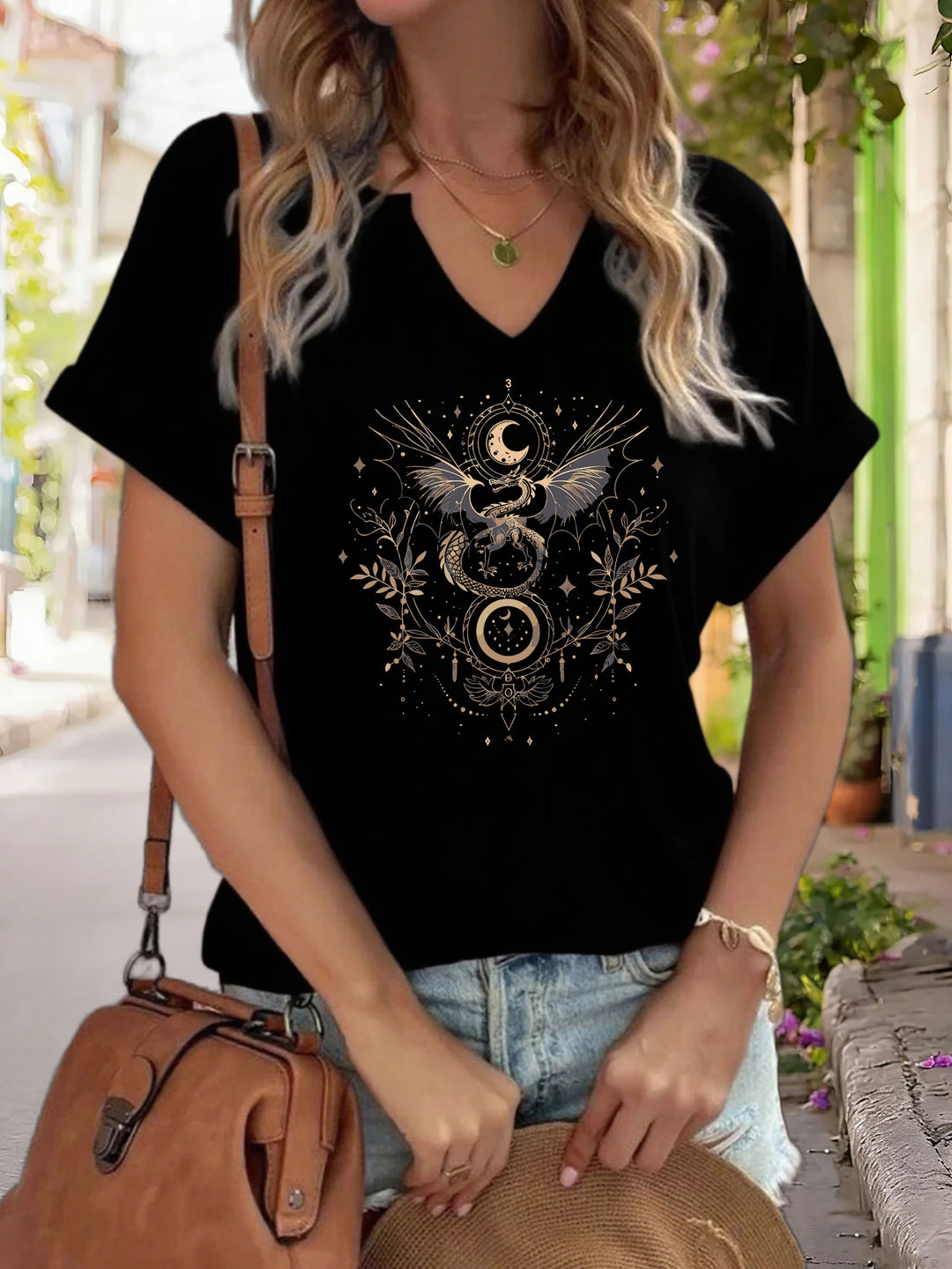 Celestial Dragon & Moon Black T-Shirt