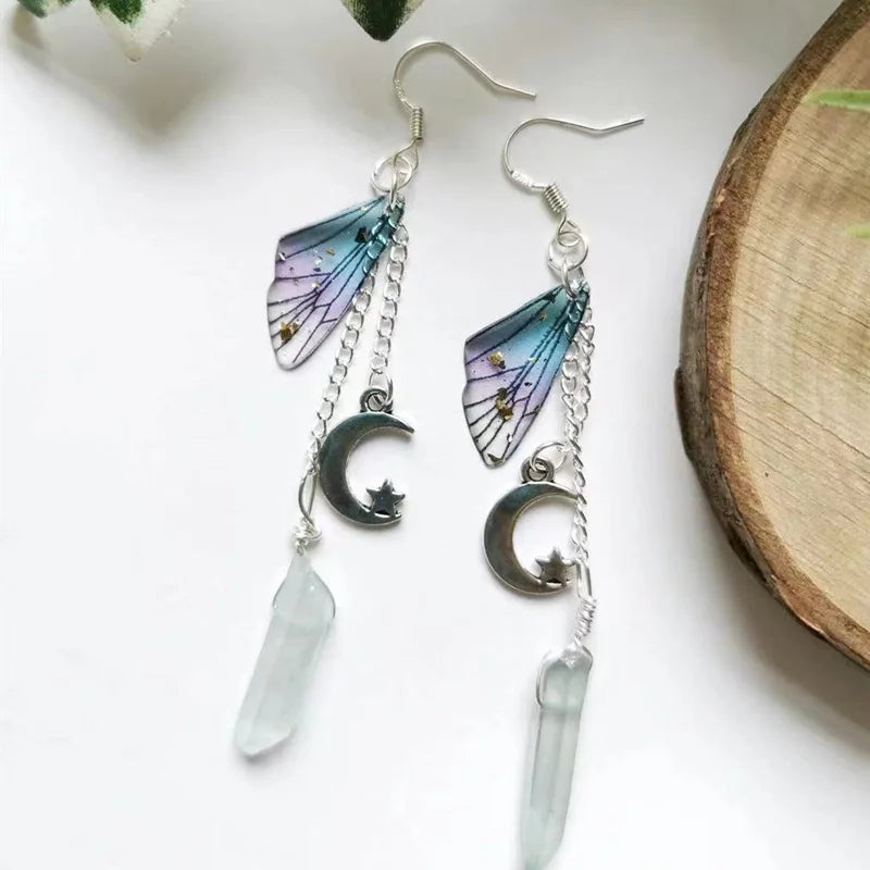 Clear Quartz Butterfly Wing Moon Earrings