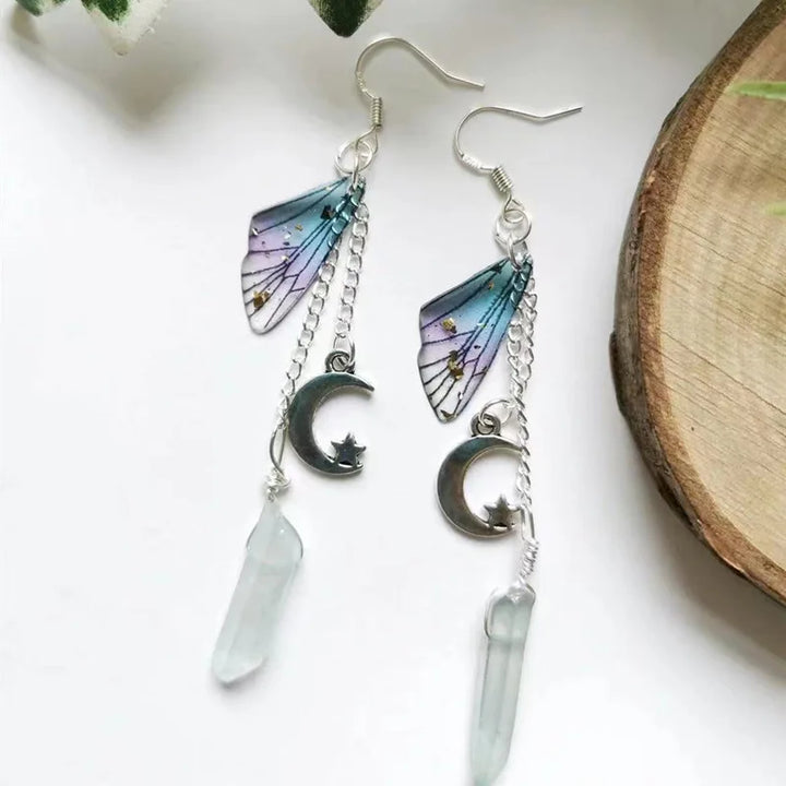 Clear Quartz Butterfly Wing Moon Earrings