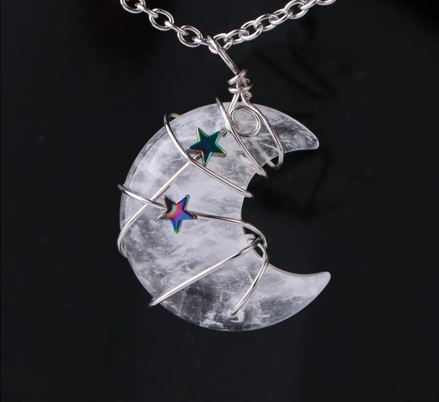 Clear Quartz Crescent Moon & Star Wire Wrap Silver Necklace