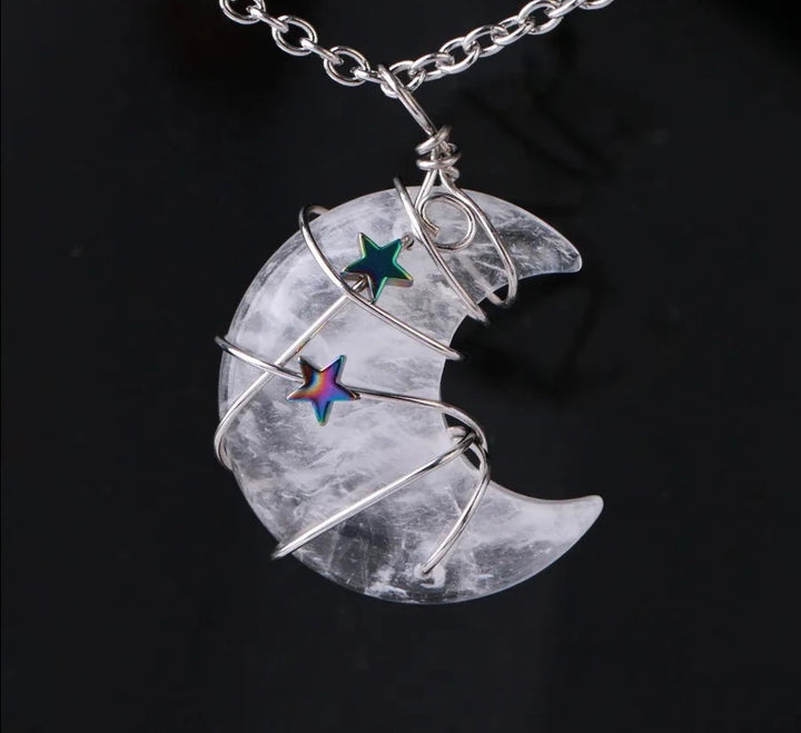 Clear Quartz Crescent Moon & Star Wire Wrap Silver Necklace