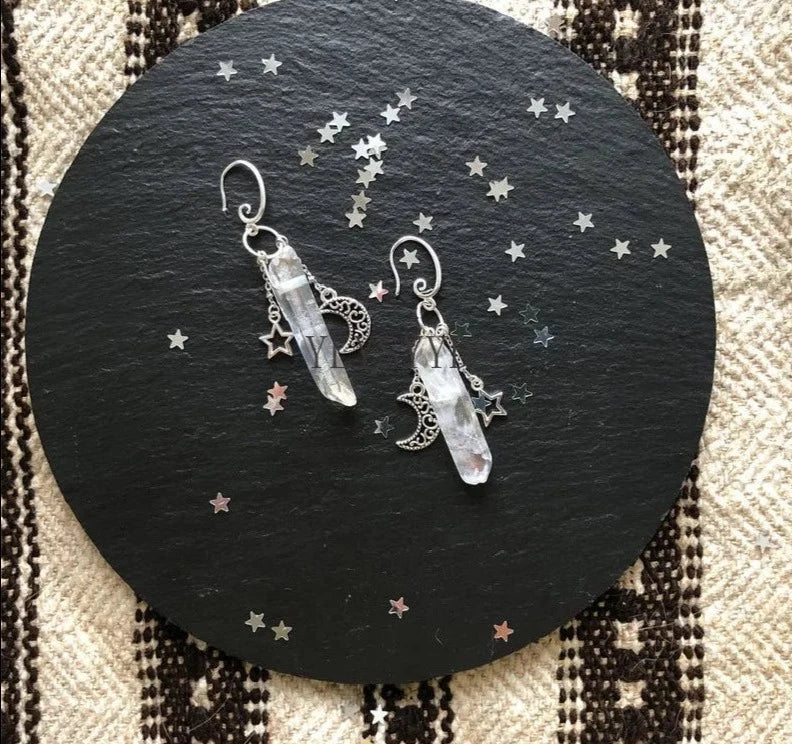 Clear Quartz Crescent Silver Moon Earrings