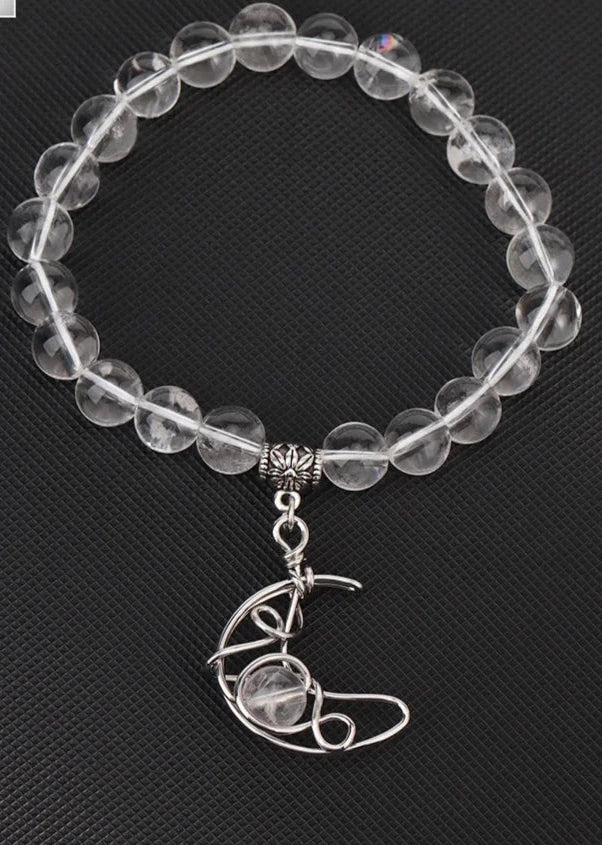 Clear Quartz Crystal Moon Bead Bracelets 