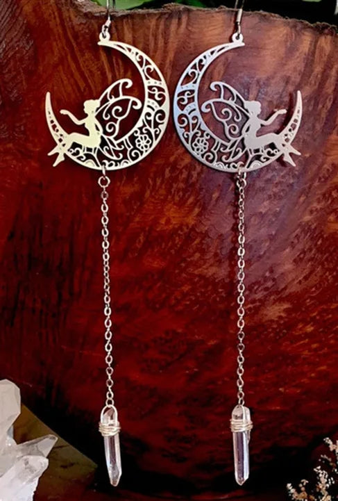Clear Quartz Fairy Moon Earrings