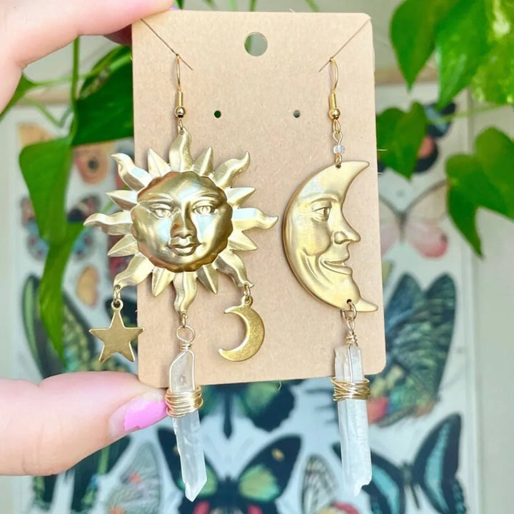 Clear Quartz Moon Sun Gold Earrings