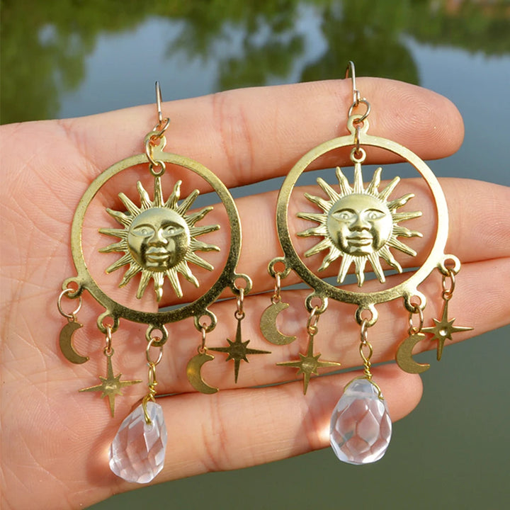 Clear Quartz Moon Sun Star Earrings