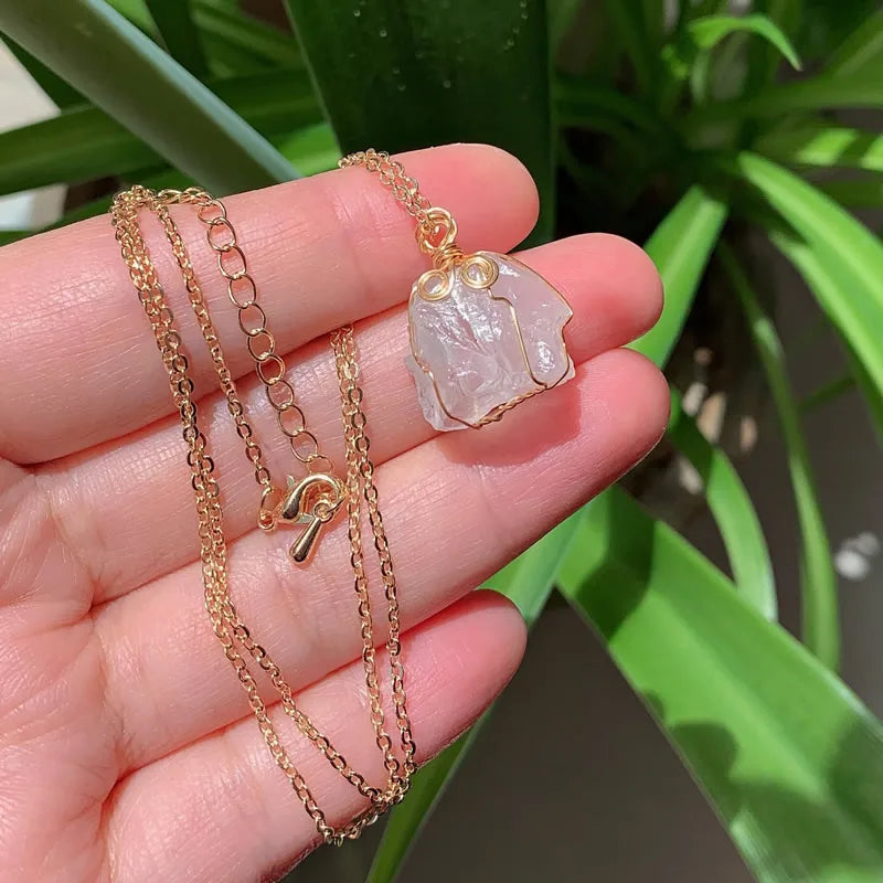 Clear Quartz Wire Wrap Gold Necklace