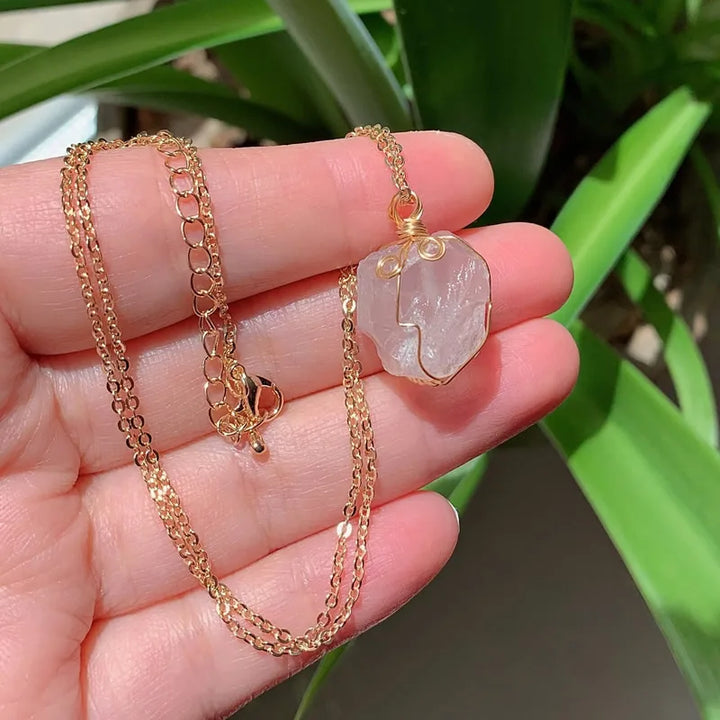 Clear Quartz Wire Wrap Gold Necklaces