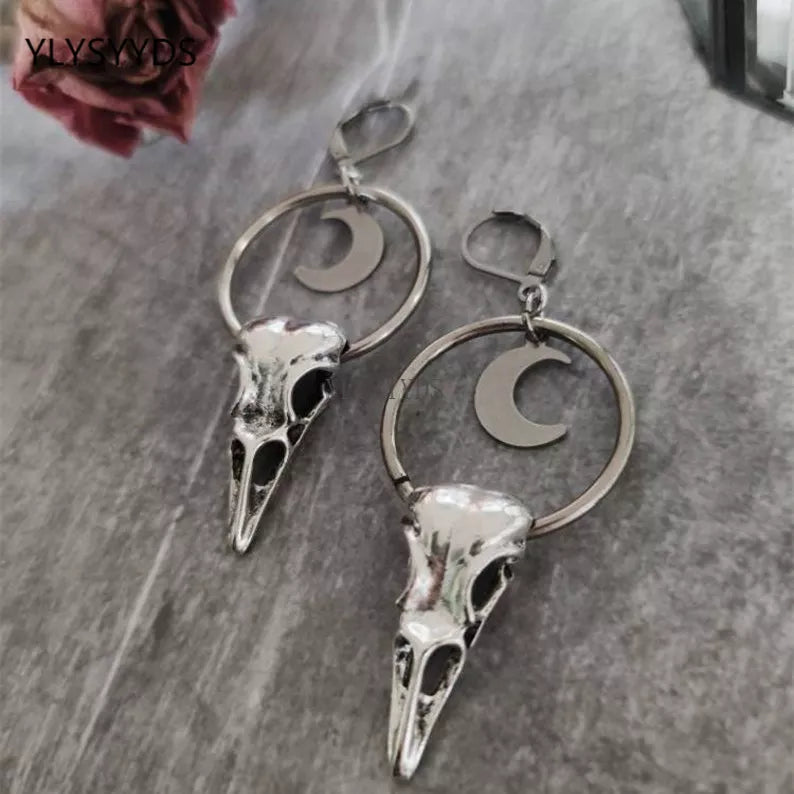 Crow Skull Crescent Moon Silver Earrings