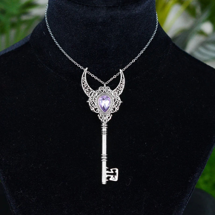 Crystal Crescent Moon Key Necklace