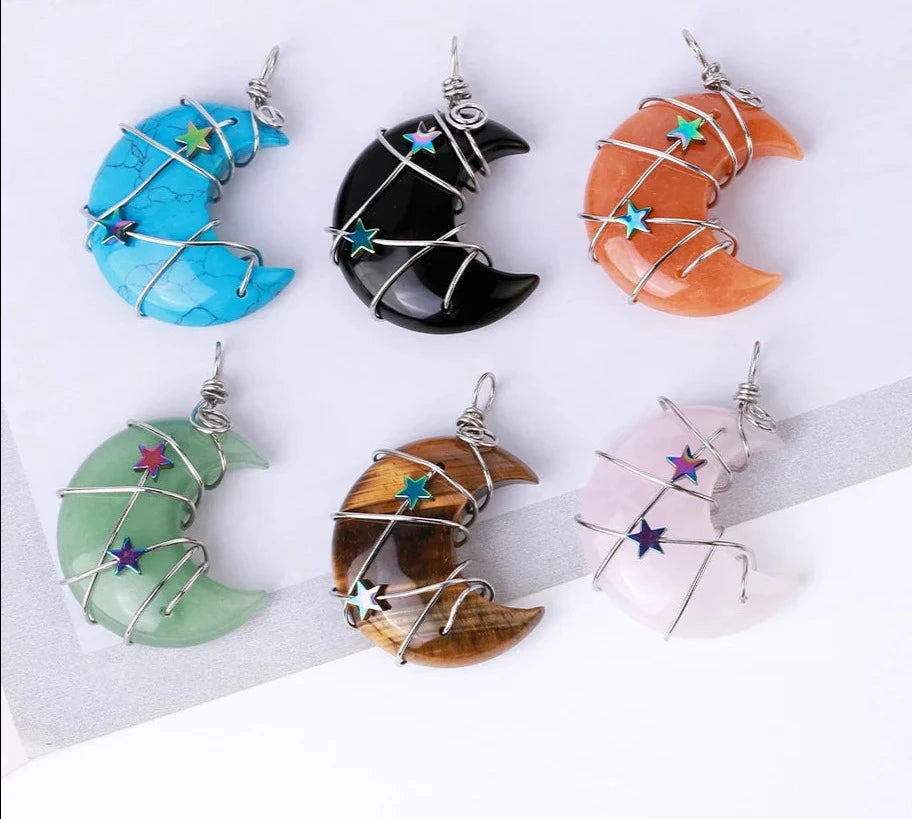 Crystal Crescent Moon & Star Wire Wrap Silver Necklaces
