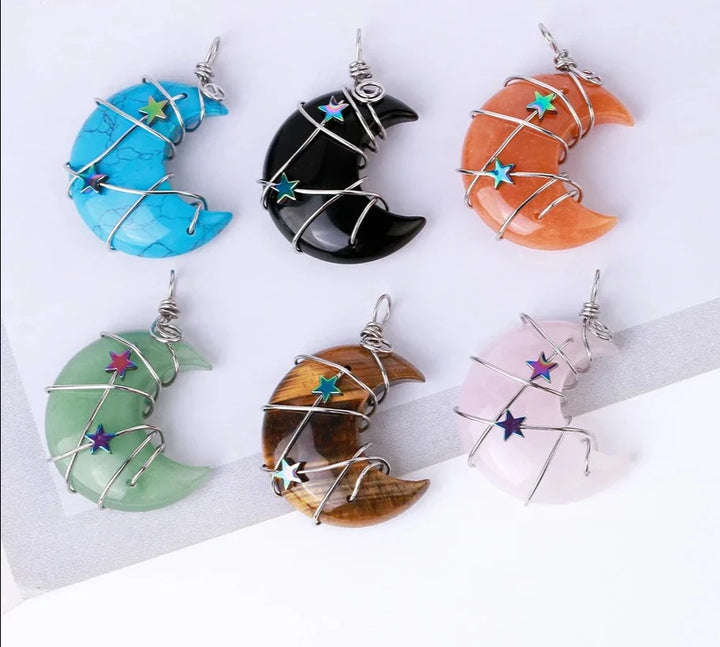 Crystal Crescent Moon & Star Wire Wrap Silver Necklaces