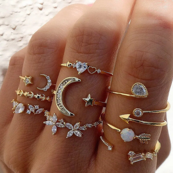 Crystal Heart Moon Gold Ring Set
