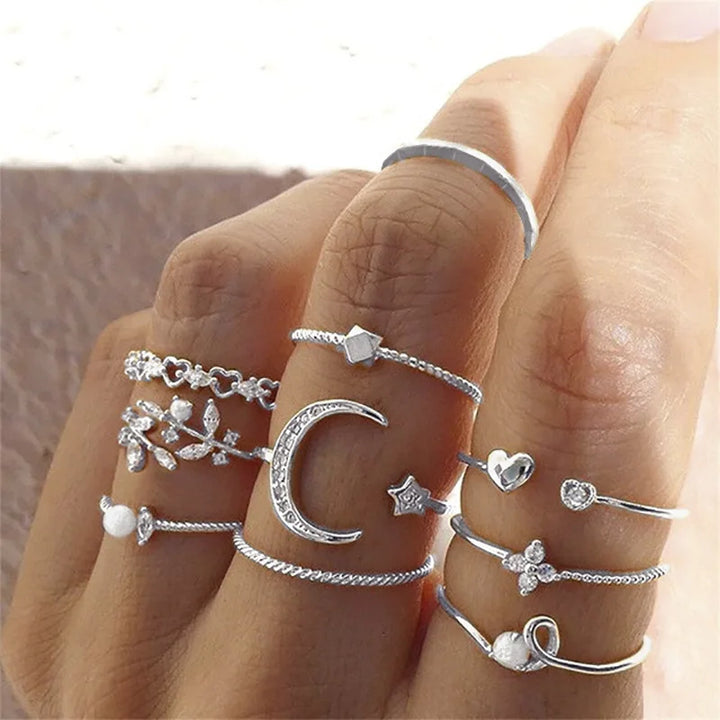 Crystal Moon Silver Ring Set