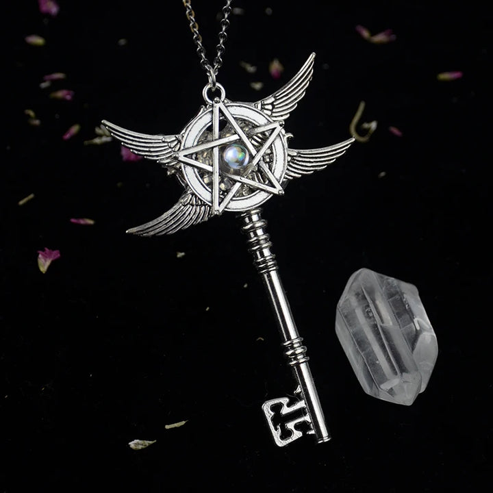 Crystal Pentacle Angel Wings Key Necklace