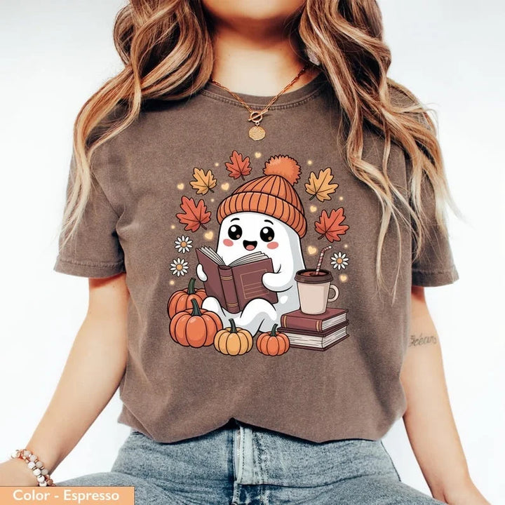 Cute Ghost Reading Book T Shirt - Coffee