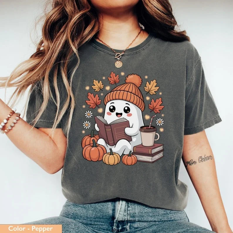 Cute Ghost Reading Book T Shirt - Gray