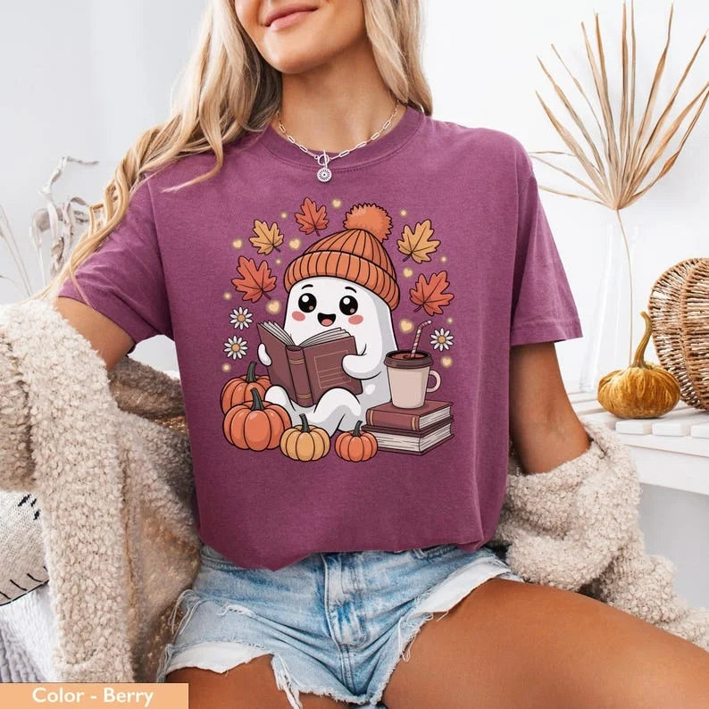 Cute Ghost Reading Book T Shirt - Pink