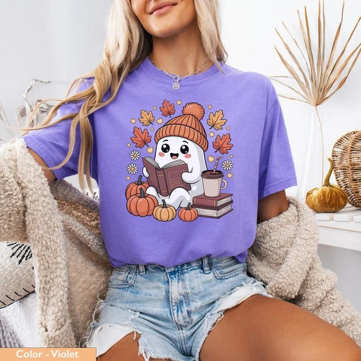 Cute Ghost Reading Book T Shirt - Purple