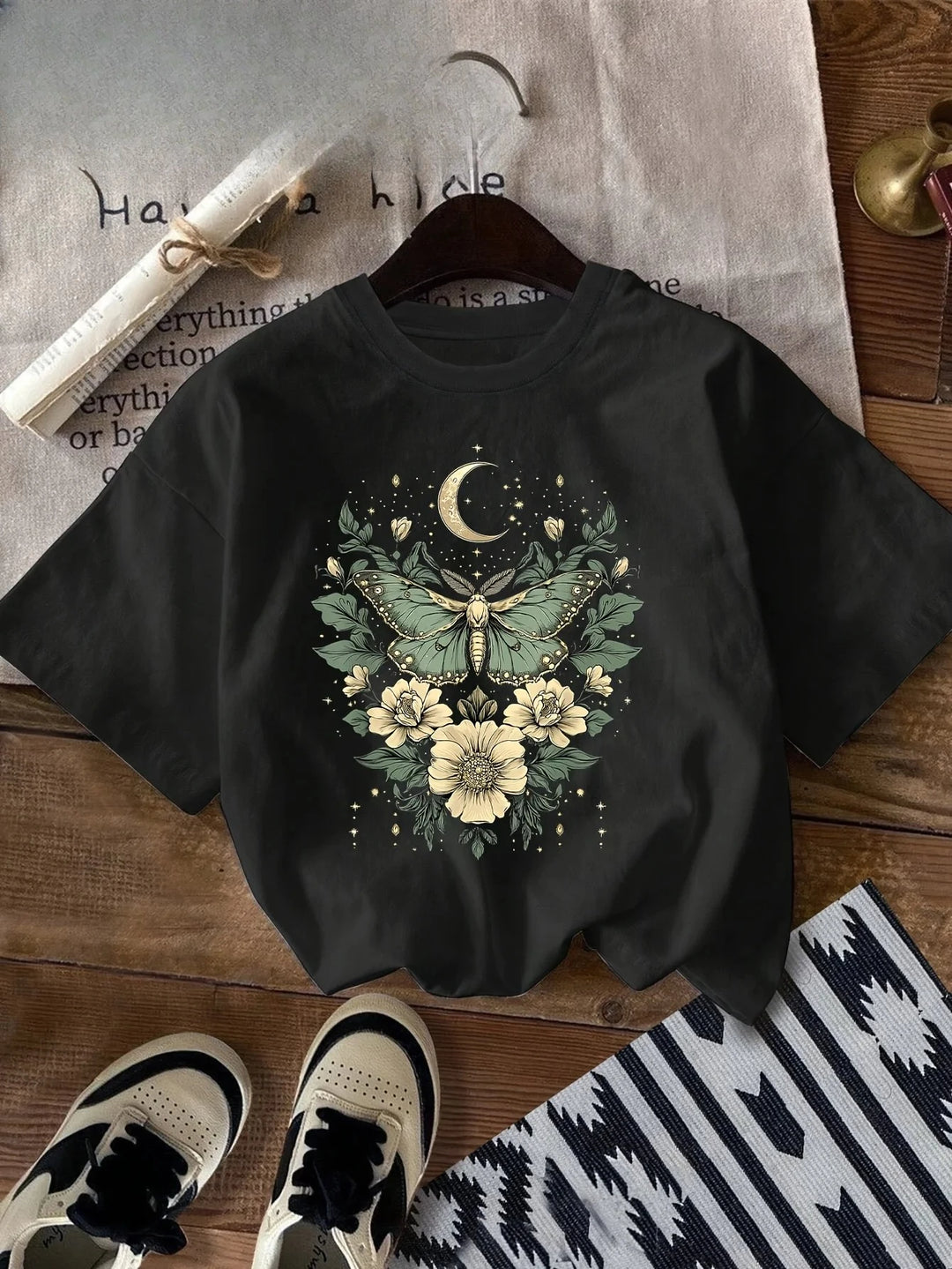 Floral Butterfly Moon Black T-Shirt