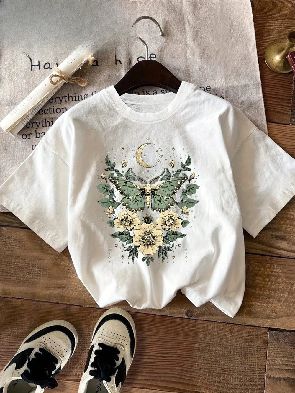 Floral Butterfly Moon White T-Shirt