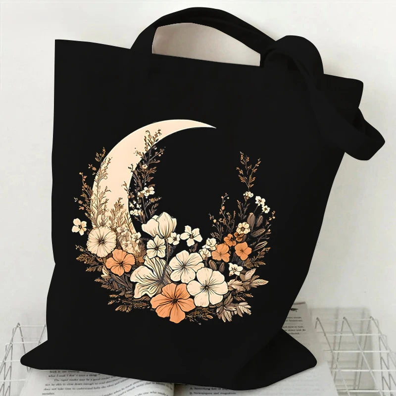 Floral Moon Black Tote Bag