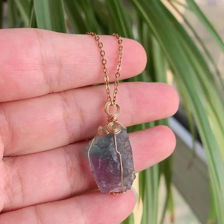 Fluorite Wire Wrap Gold Necklaces