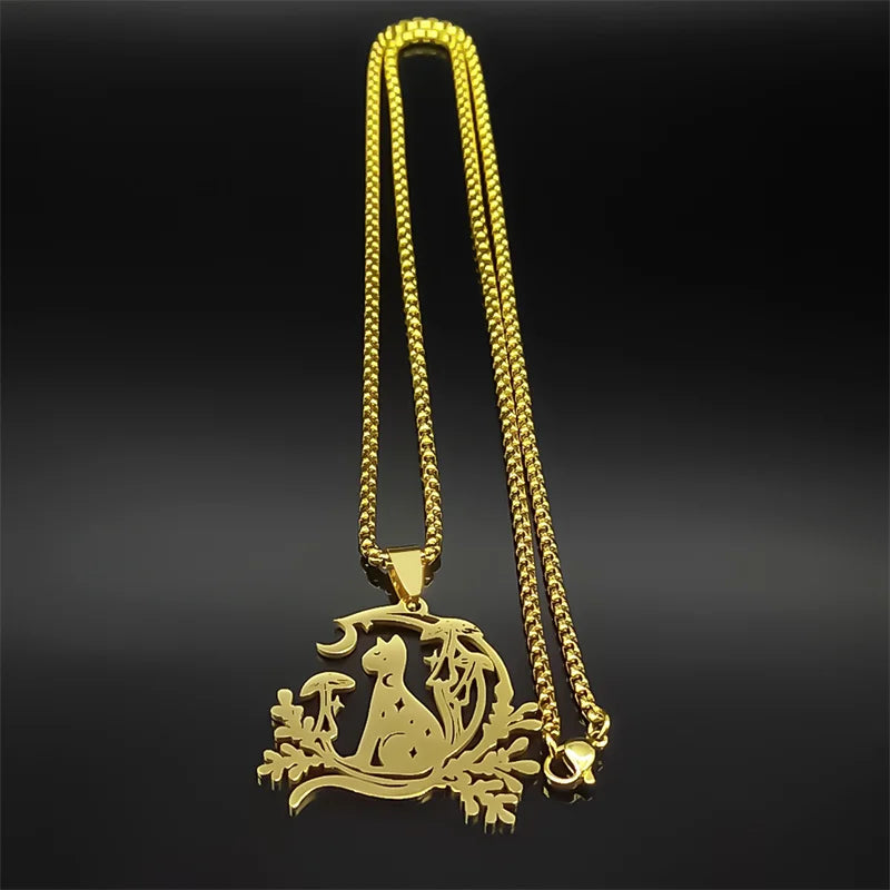 Gold Cat Moon Mushroom Necklace