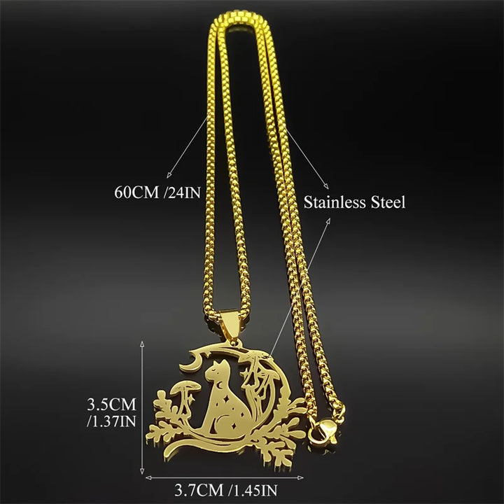 Gold Cat Moon Mushroom Necklaces