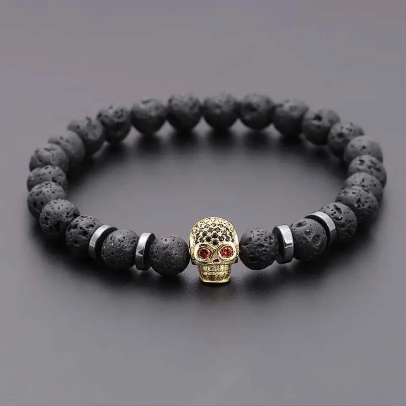 Gold Skull Lava Rock Bracelet 