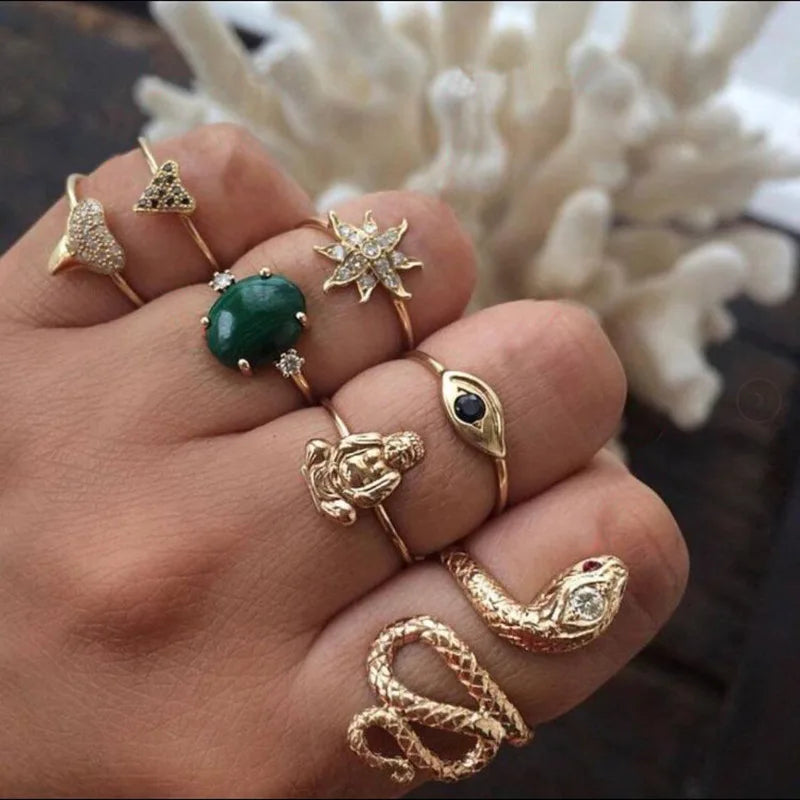 Gold Snake Boho Ring Set