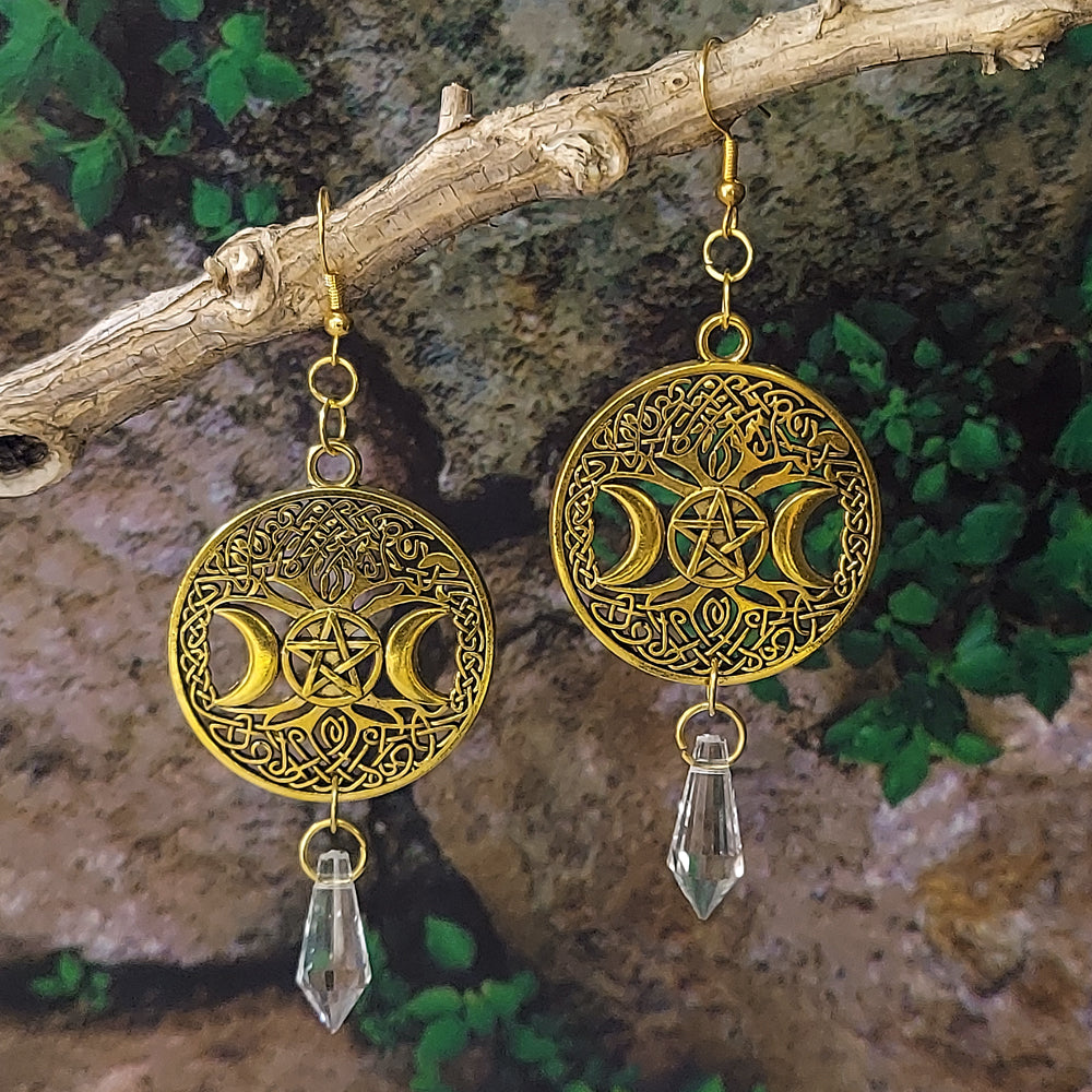 Gold Tree Triple Moon Crystal Earrings