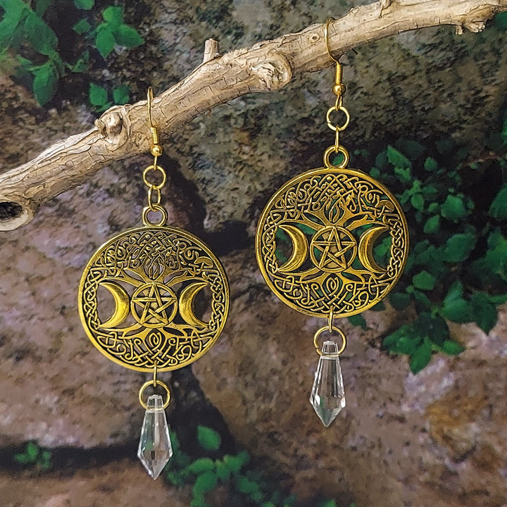 Gold Tree Triple Moon Crystal Earrings