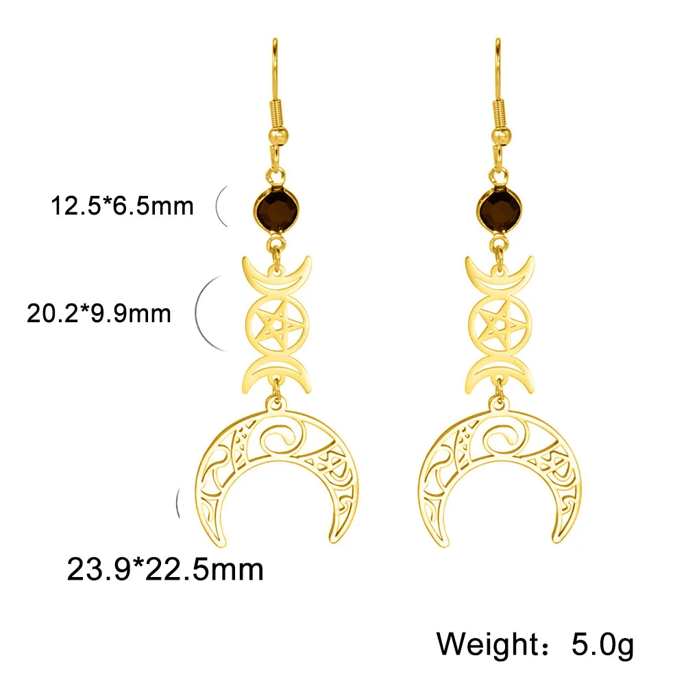 Gold Triple Moon Pentacle Earrings