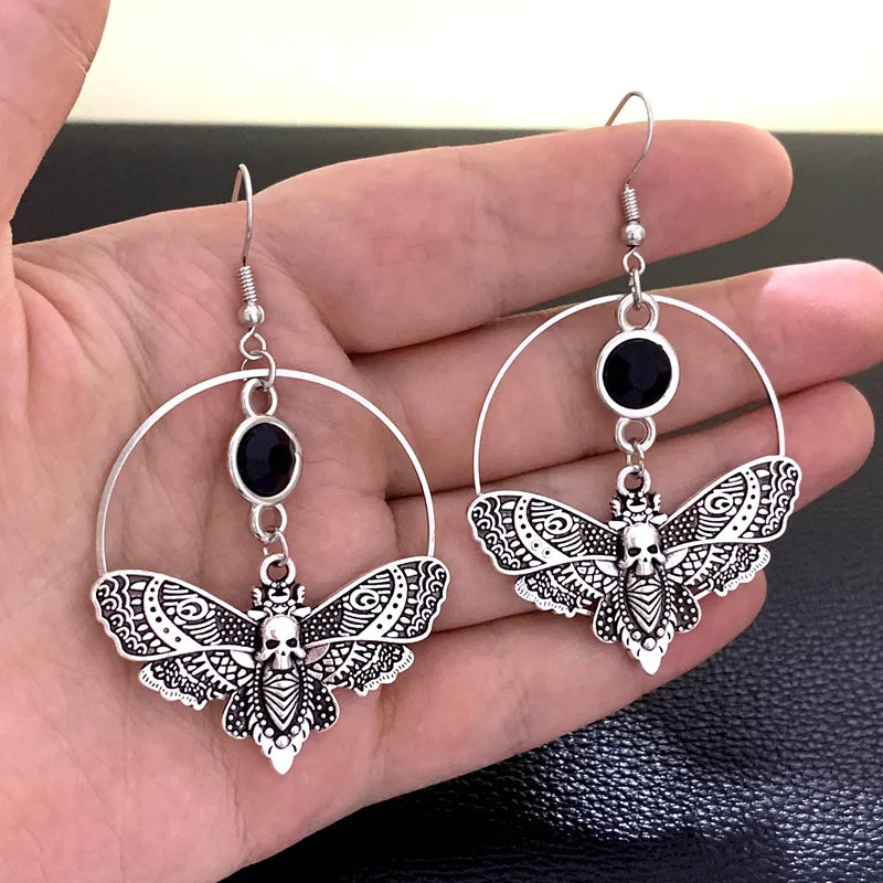 Goth Death Moth Hoop Earrings