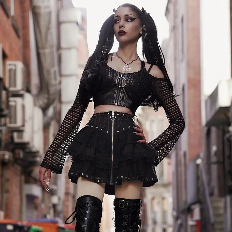 Goth Lace Heart Zipper Skirt
